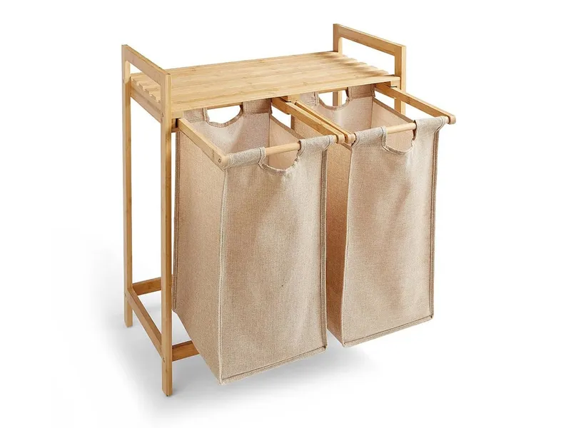 Bamboo frame laundry sorter with 2 bins